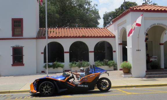 This visitor is heading to the St. Augustine Alligator Farm in his rental vehicle from Ancient City Slingshot.