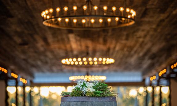The wheel chandelier in an event barn in St. Augustine
