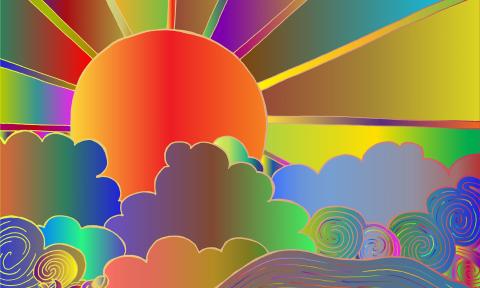 In blues, oranges, and yellows, and violet, art depicting the sun over cloudes