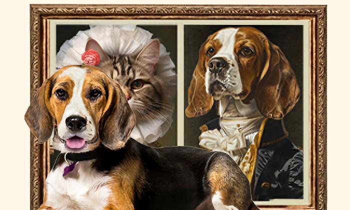 Two dogs and a cat depicted in Gilded Age finery