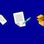 A graphic on bright blue with three images, a key to a new home, a contract, and a moving box