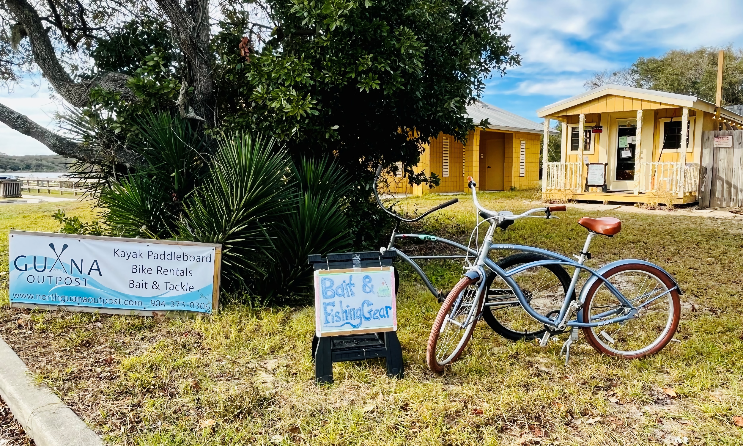 The south outpost of North Guana Outpost with bicycles and signs about services