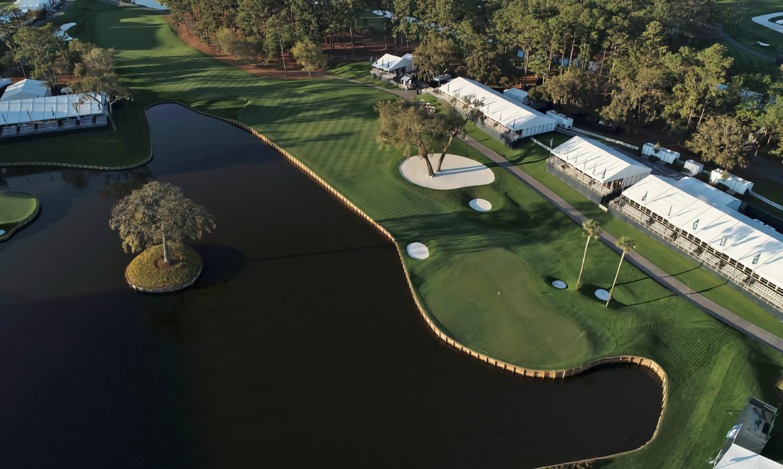 Aerial view of the par-5 16th hole at TPC Sawgrass—Players Stadium Course