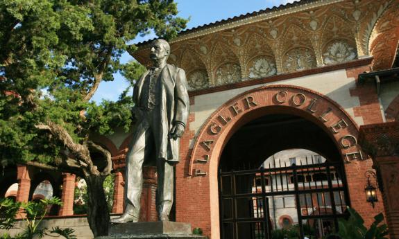 The statue of Henry Flagler, located outside the main entrance of Flagler College in St. Augustine.
