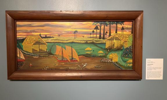 A painting of a bay in Florida, with tall ships and with tents on shore